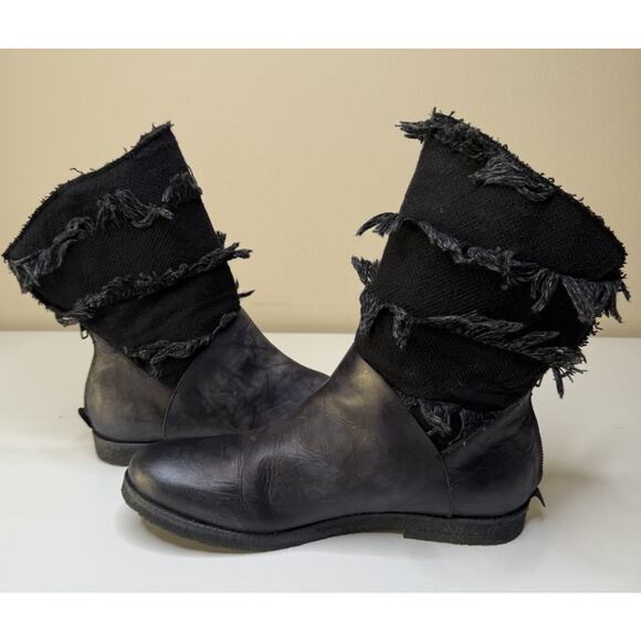 Papucei Avant-Garde Boot Womens EU 41 US 10 Black Leather Fringe Canvas Back Zip - Picture 4 of 10
